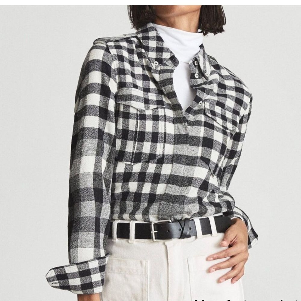 Reiss Lou Black White Plaid Buffalo Check Wool Long Sleeve Button Down Shirt 2